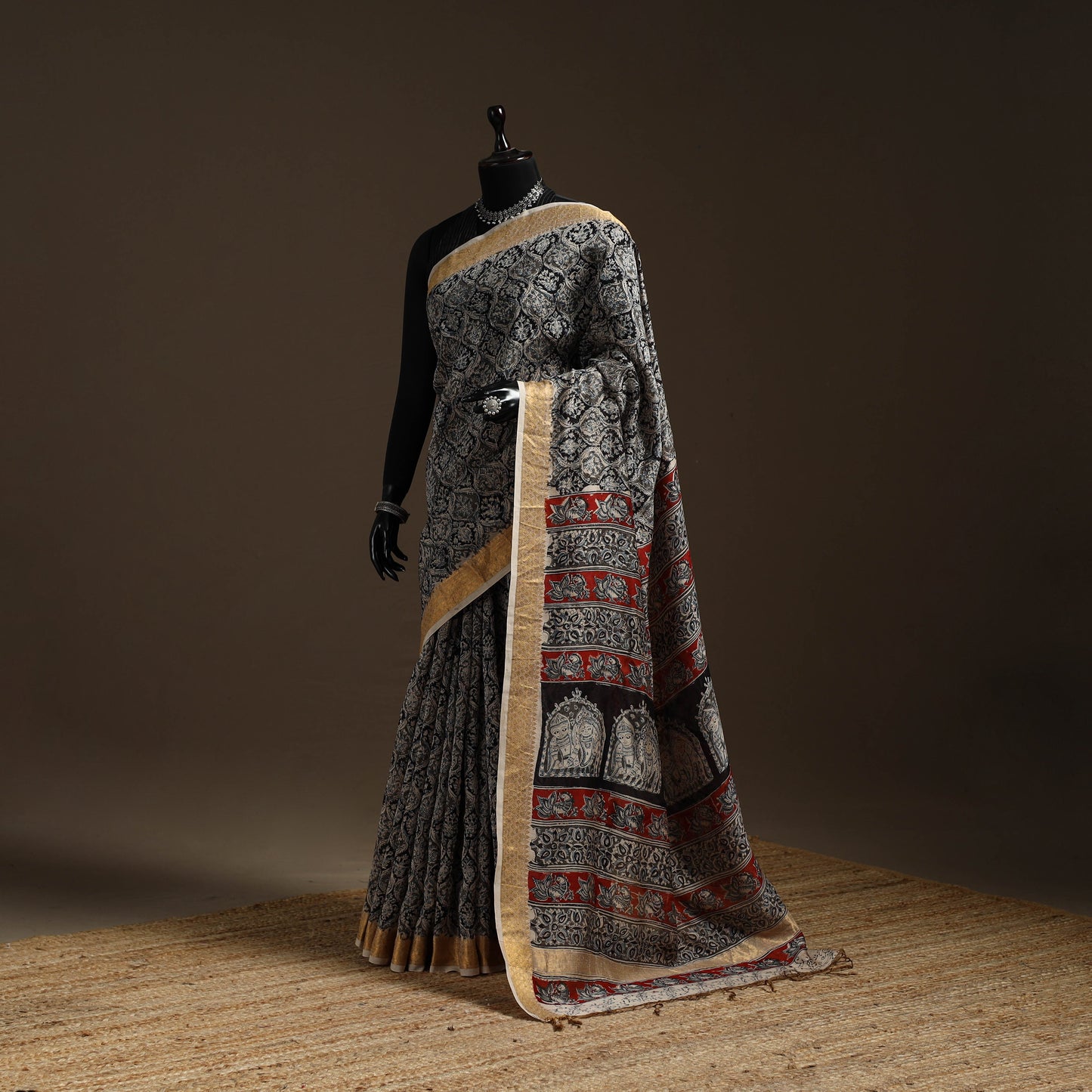 Black - natural dyed pedana chanderi silk kalamkari saree