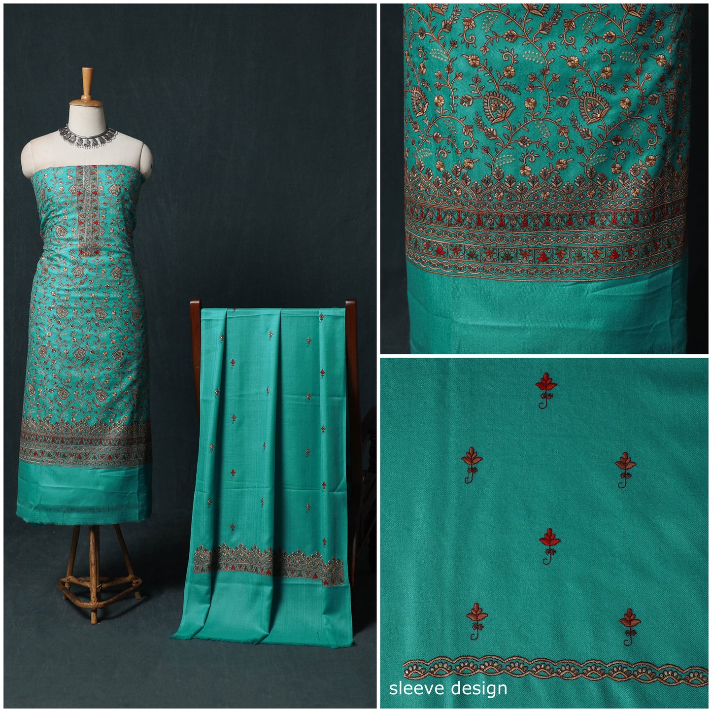 3pc Heavy Embroidered Wool Unstitched Dress Material Suit Set 46