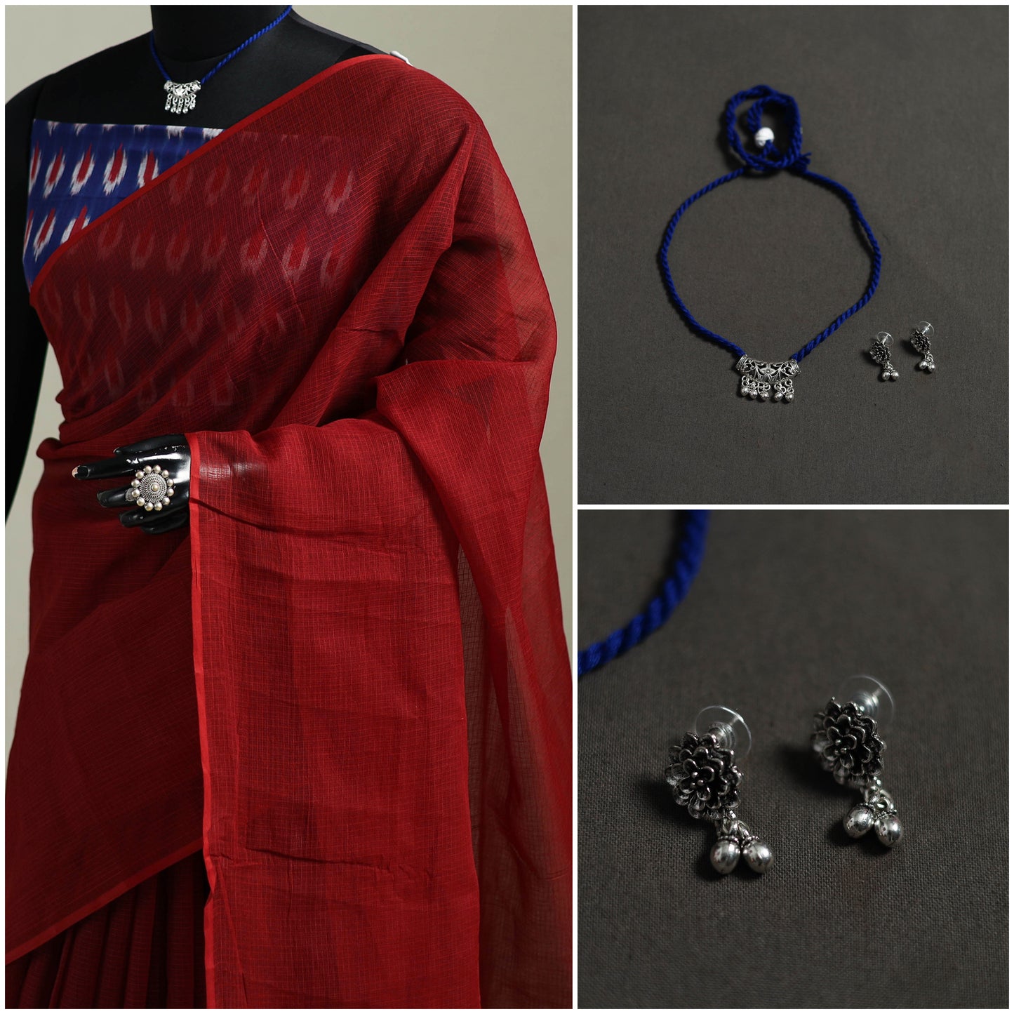 Red - Nazaakat Kota Doria Cotton Plain Saree with Blouse & Jewellery Set 171