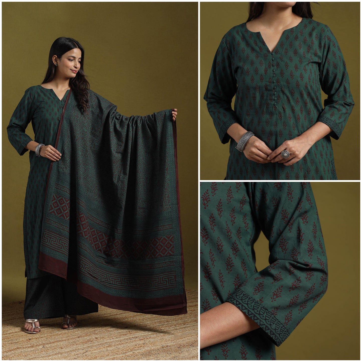 Natural Dyed Hand Block Bagh Print Cotton Suit Set with Dupatta for Women 13
