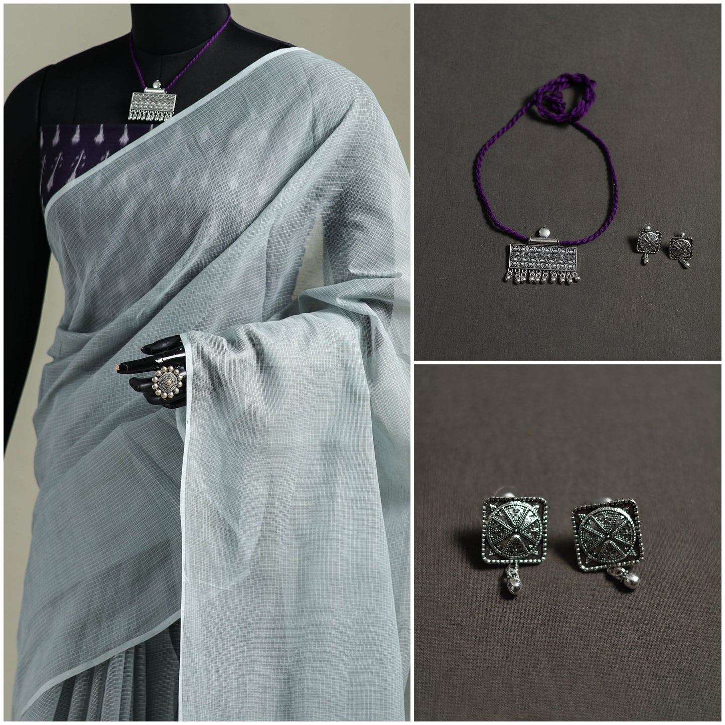 Grey - Nazaakat Kota Doria Cotton Plain Saree with Blouse & Jewellery Set 102