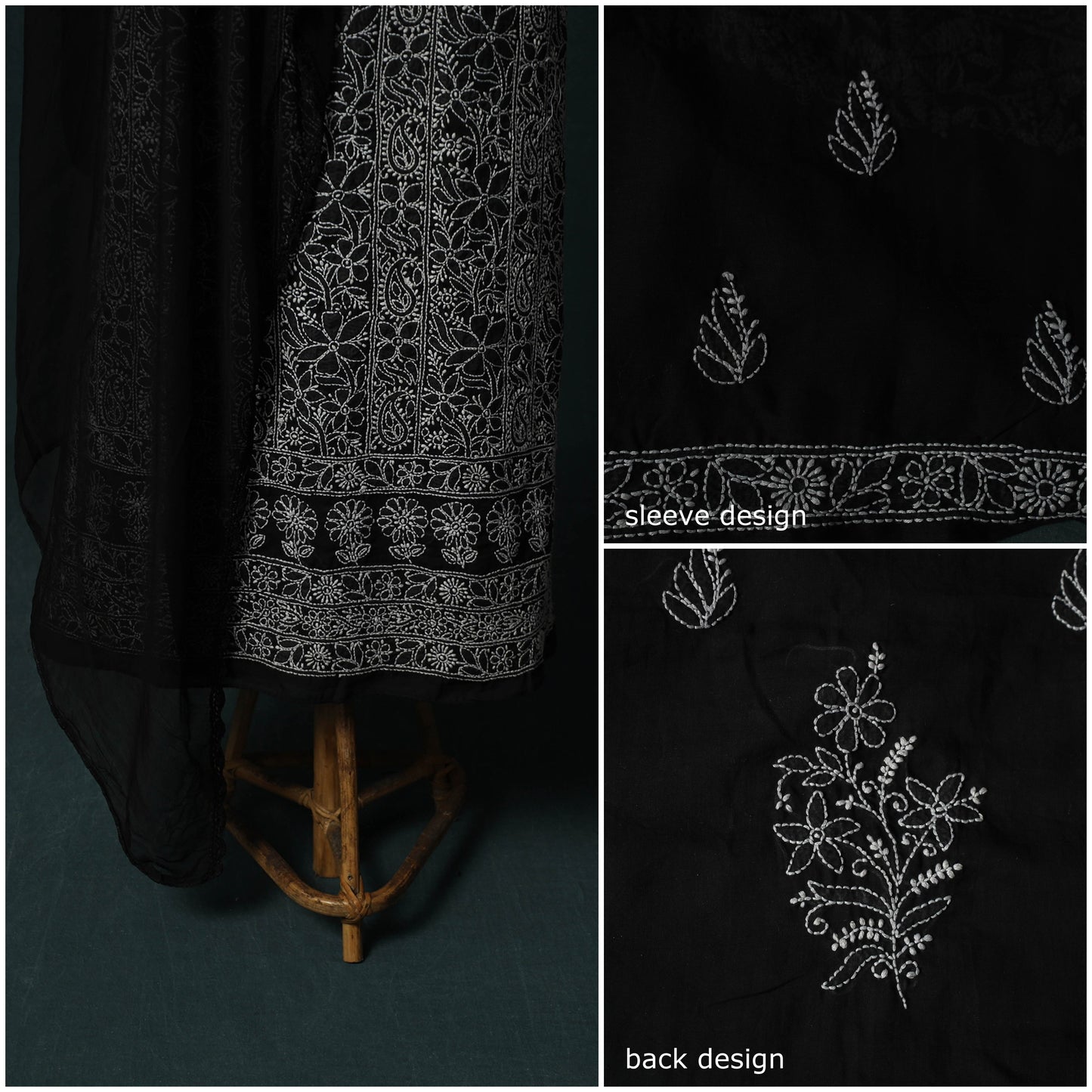 Black - Lucknowi Chikankari Hand Embroidered Cotton 3pc Unstitched Dress Material Suit Set 09
