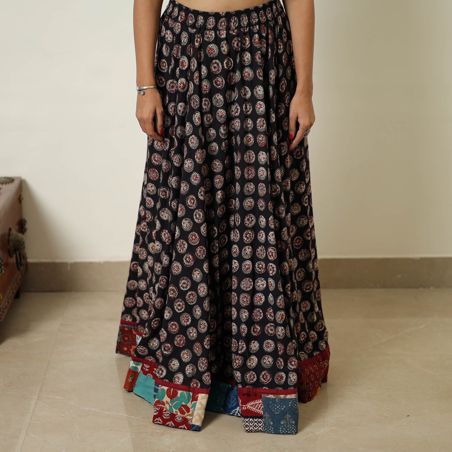 Black - hand printed cotton long bagru skirt 06
