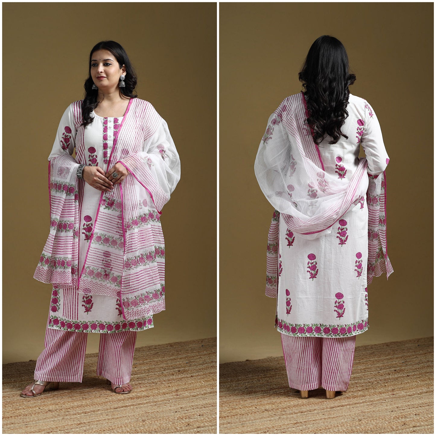 Pink - Sanganeri Hand Block Print Cotton Suit Set with Dupatta for women 06