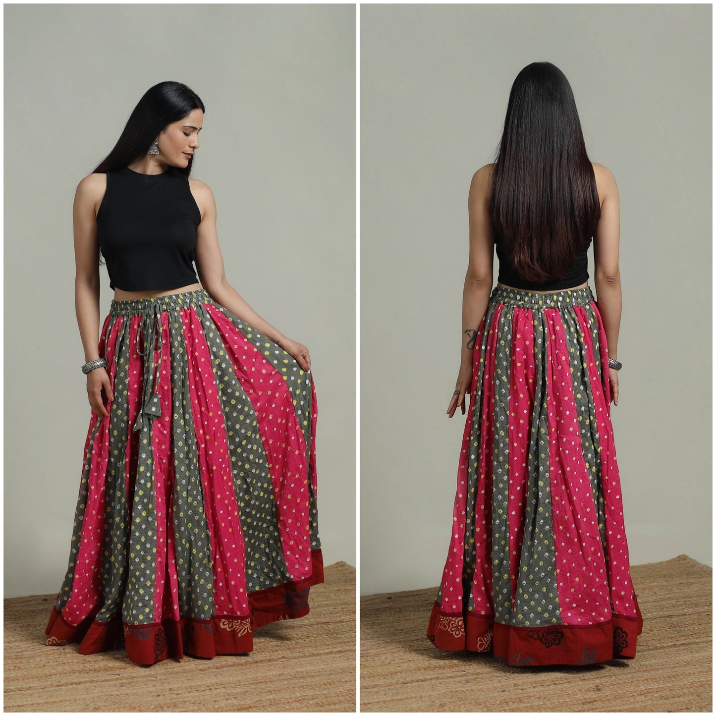 Bandhani Tie-Dye 24 Kali Patchwork Cotton Long Skirt 08