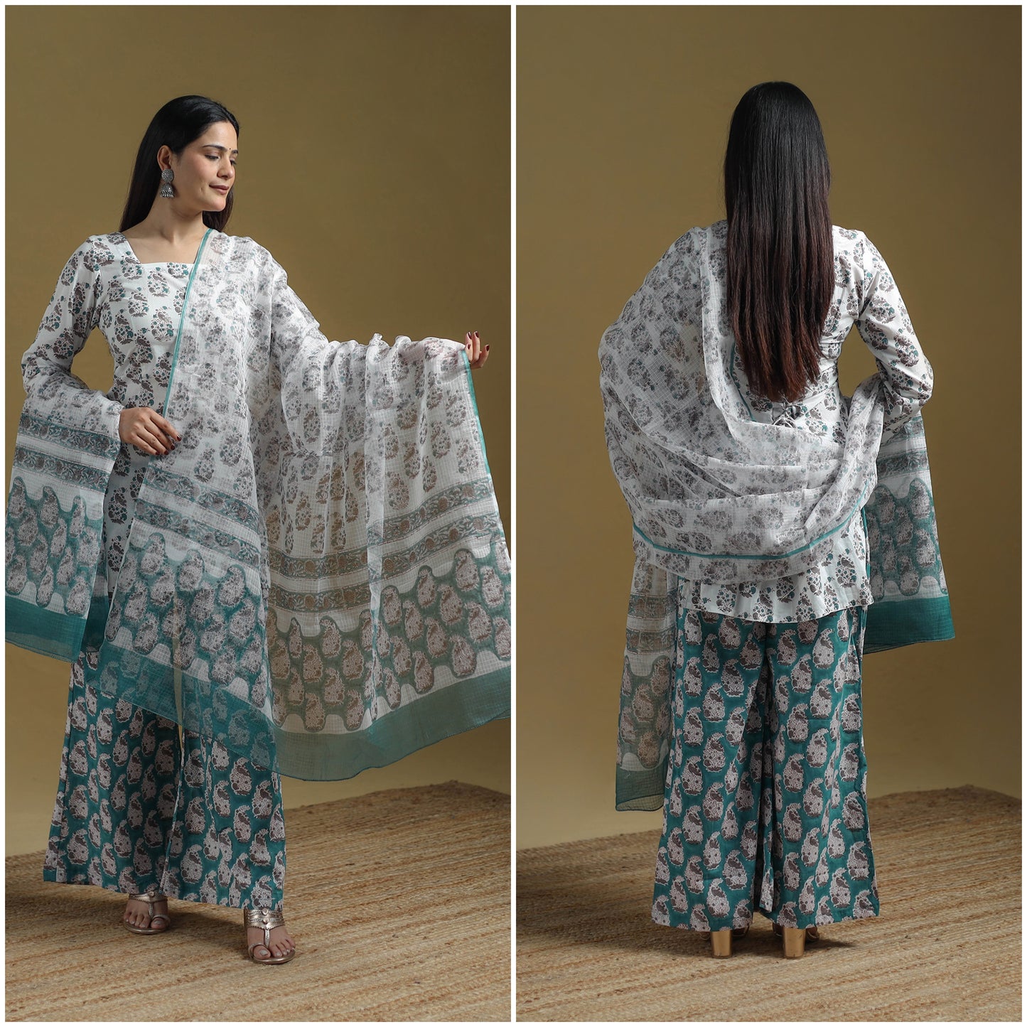 Green - Sanganeri Hand Block Print Cotton Suit Set with Dupatta for women 30