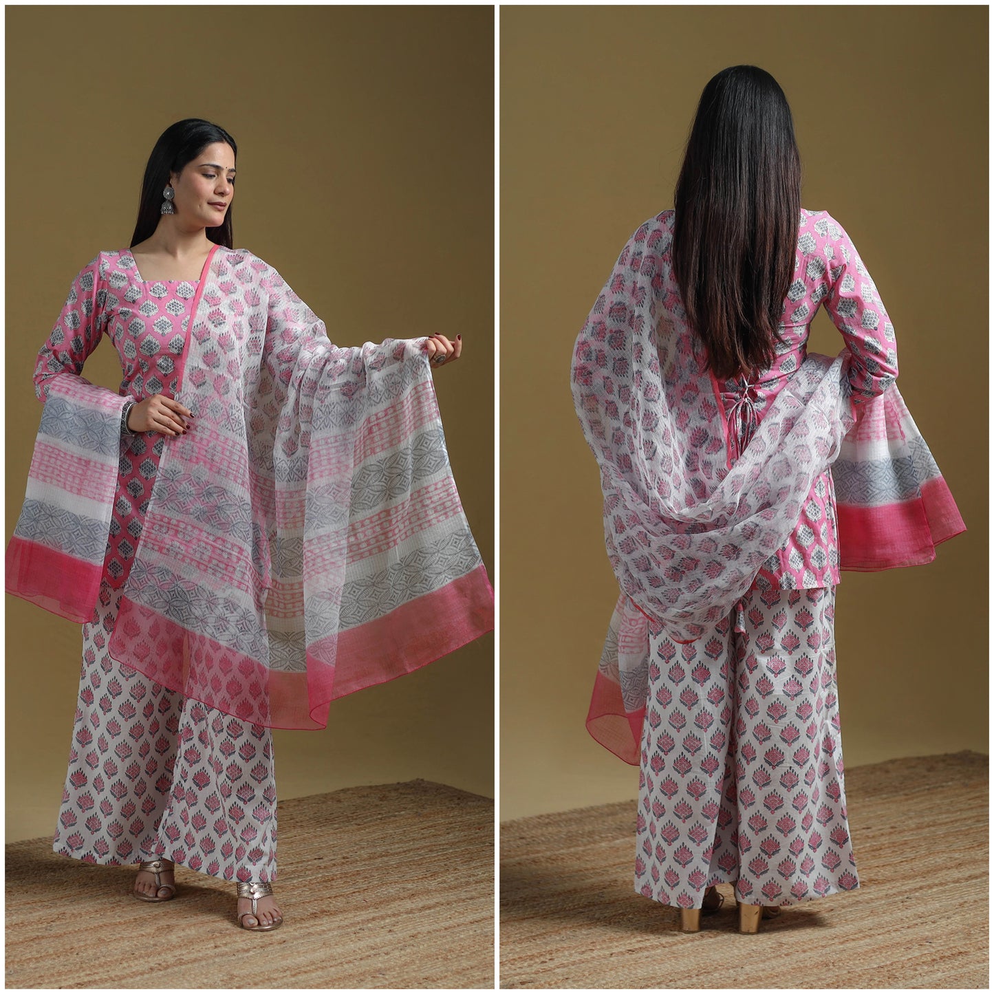 Pink - Sanganeri Hand Block Print Cotton Suit Set with Dupatta for women 29
