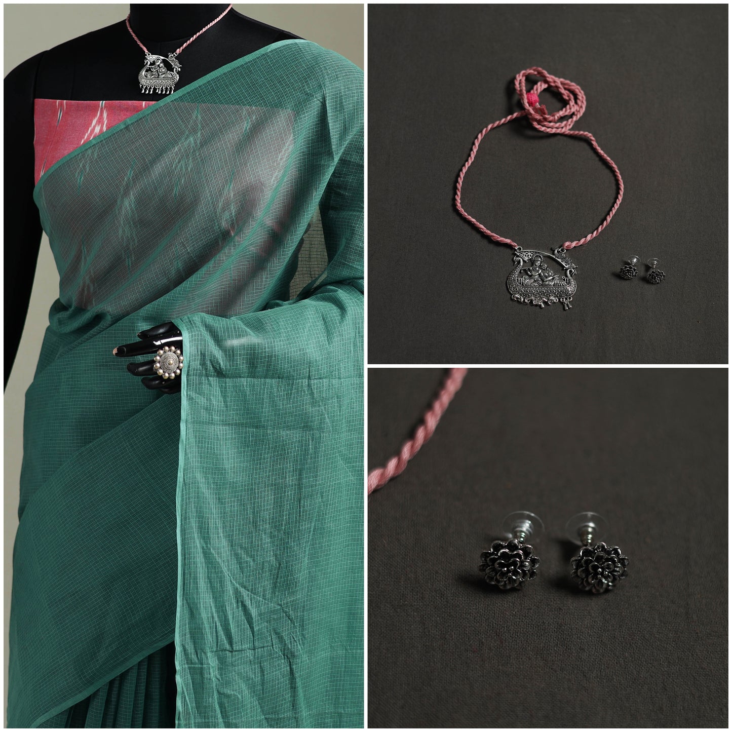 Green - Nazaakat Kota Doria Cotton Plain Saree with Blouse & Jewellery Set 121