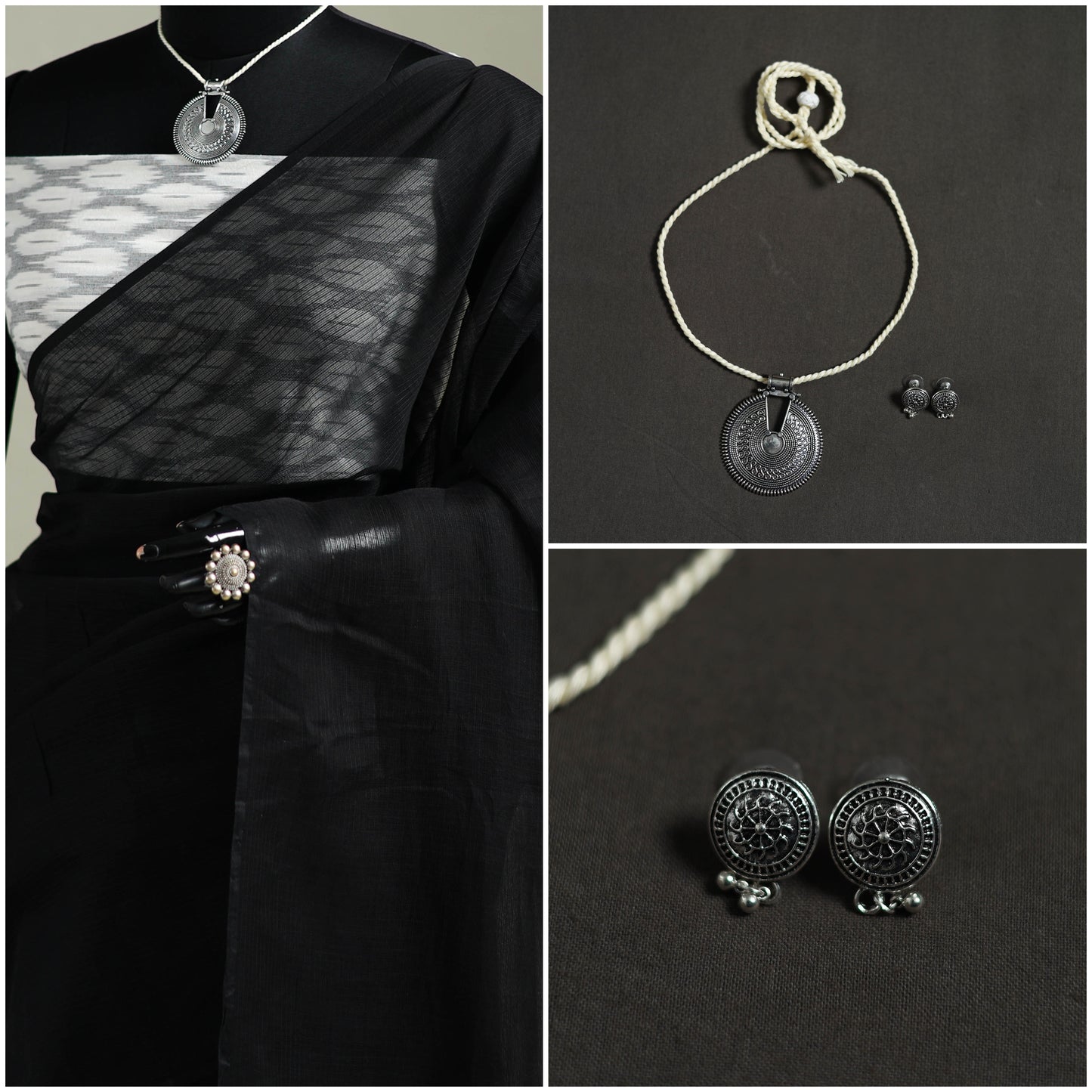 Black - Nazaakat Kota Doria Cotton Plain Saree with Blouse & Jewellery Set 01