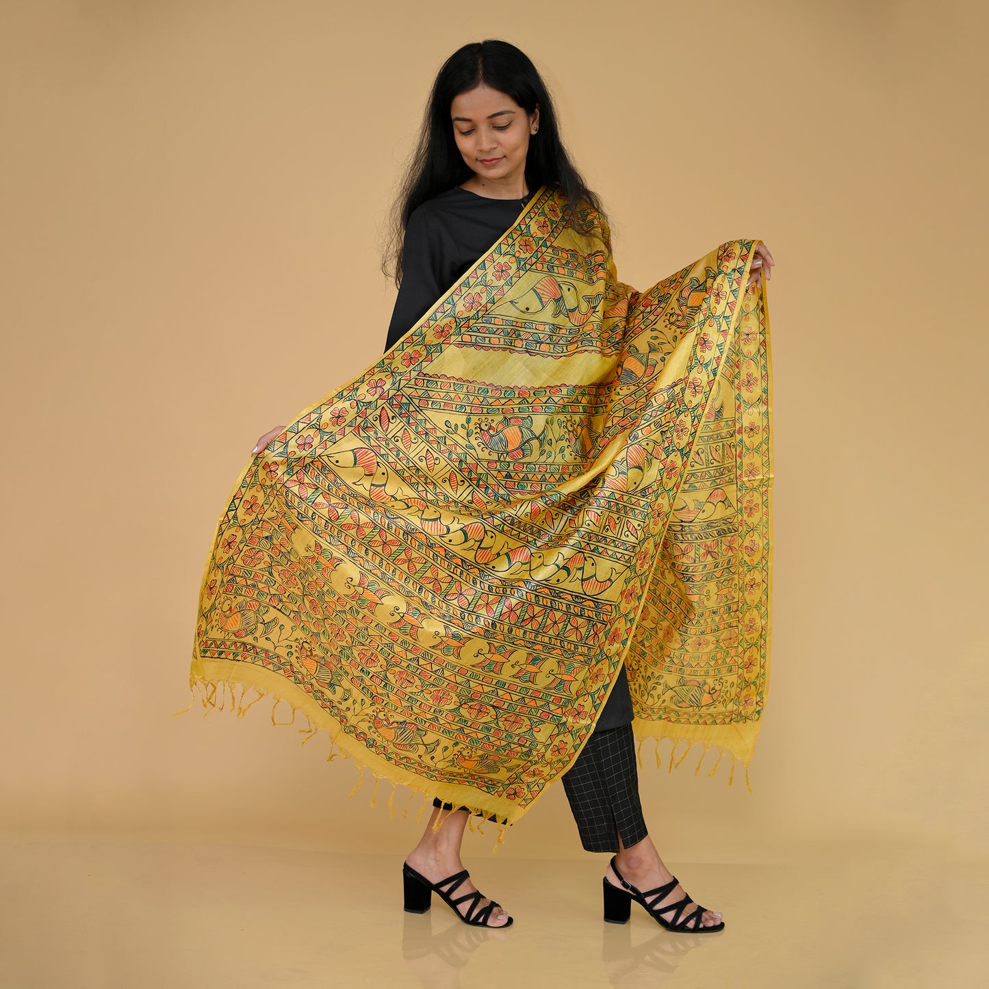 Yellow - Madhubani Handpainted Tussar Silk Dupatta