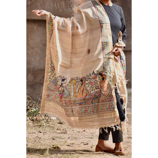 Beige - Madhubani Hand-Painted Natural Tussar Silk Dupatta