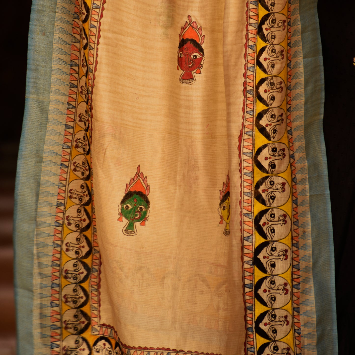Yellow - Madhubani Hand-Painted Durga Face Cotton Dupatta