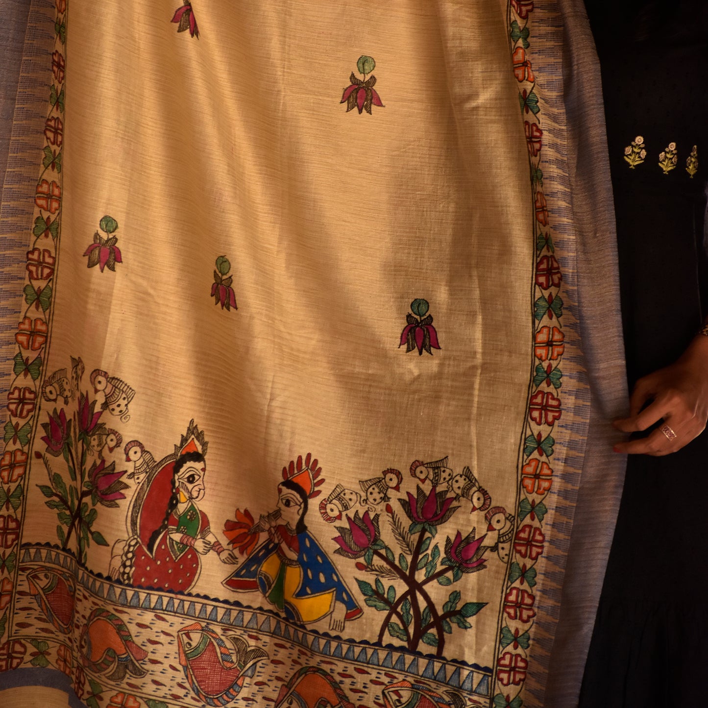 Yellow - Madhubani Hand-Painted Radha Krishna Cotton Dupatta