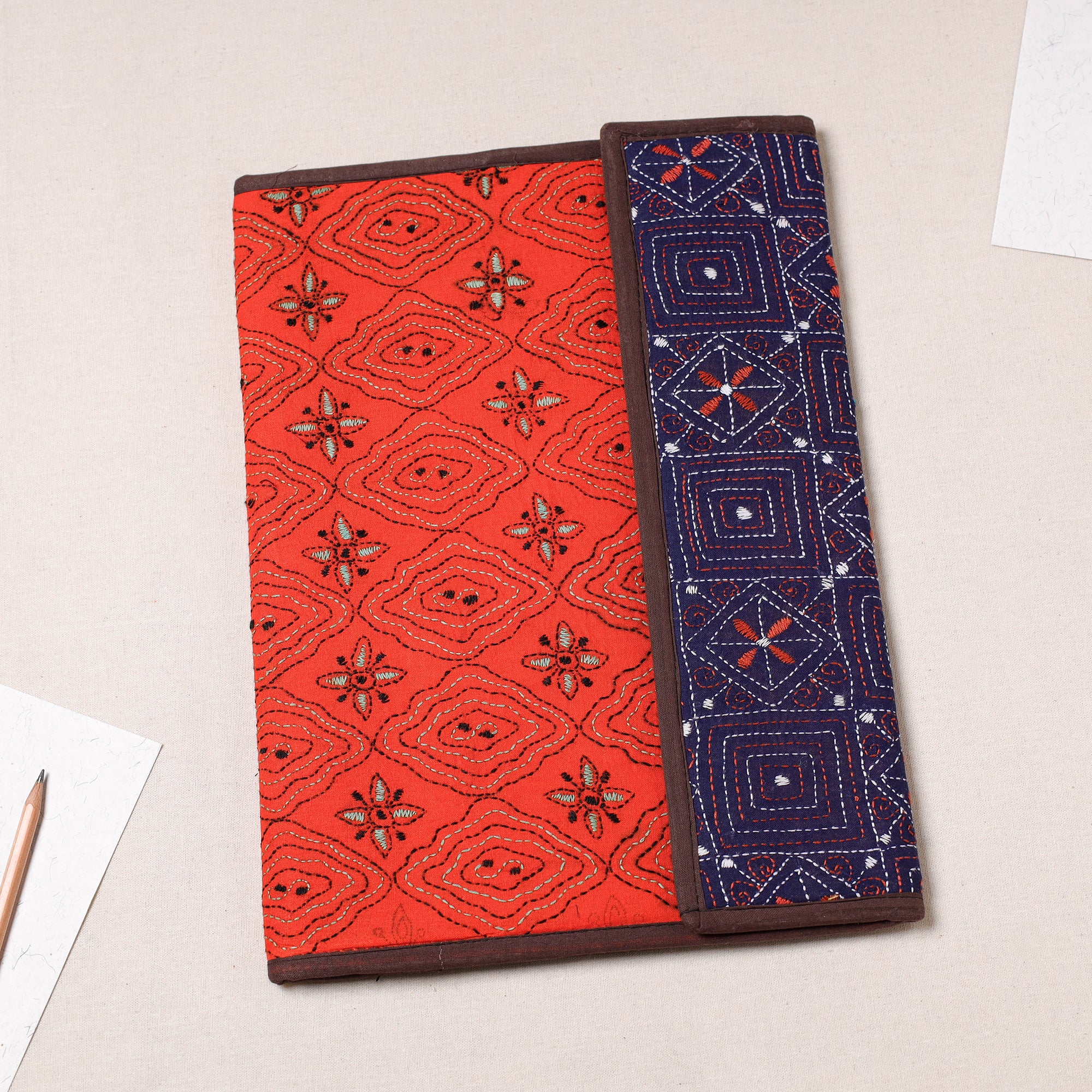 Red - Bengal Kantha Work Handcrafted File Folder