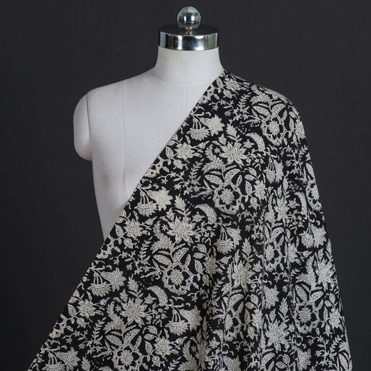 Black with White Flowers Jaal Bagru Block Printed Cotton Fabric
