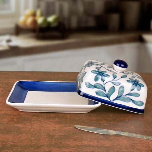 Handpainted Ceramic Butter Dish with Lid (Blue and White, Height - 8 cm)