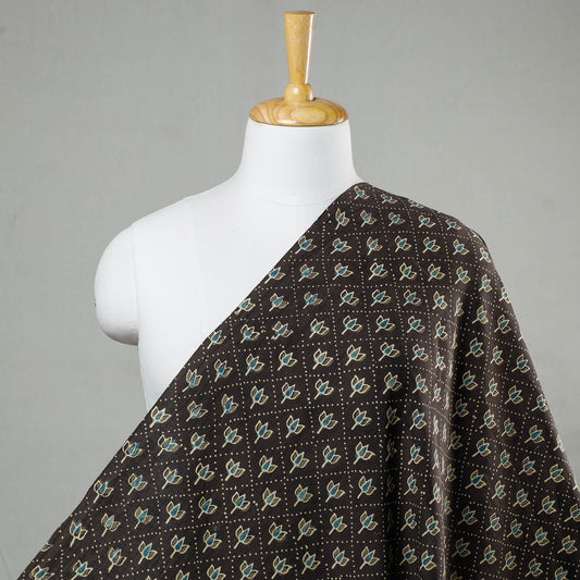 Brown - Triad Leaf Checks Ajrakh Hand Block Printed Cotton Fabric