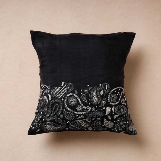 Black - Bengal Kantha Embroidery Mulberry Silk Cushion Cover (16 x 16 in)