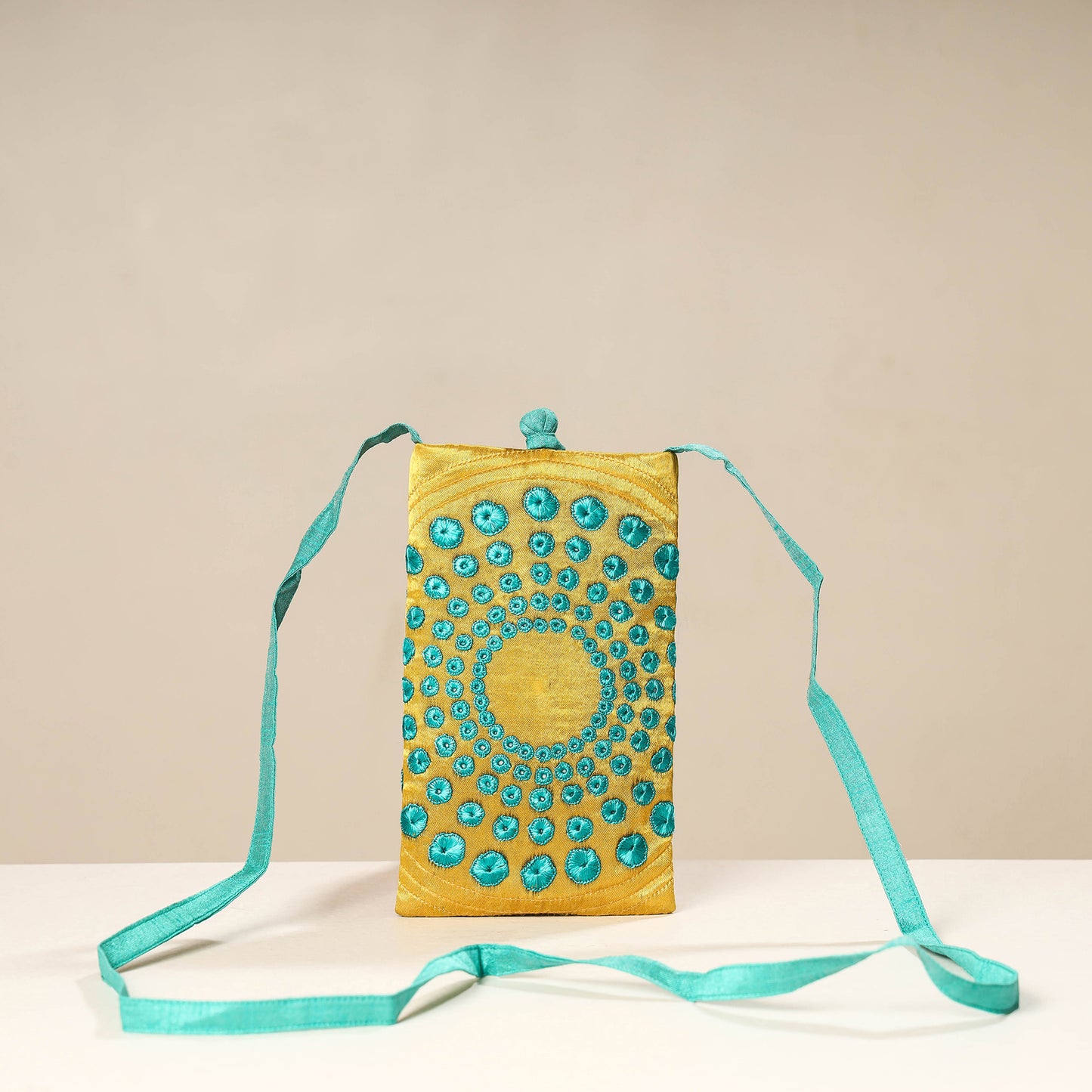 Yellow Kutch Tappo Embroidery Mashru Silk Mobile Sling Bag