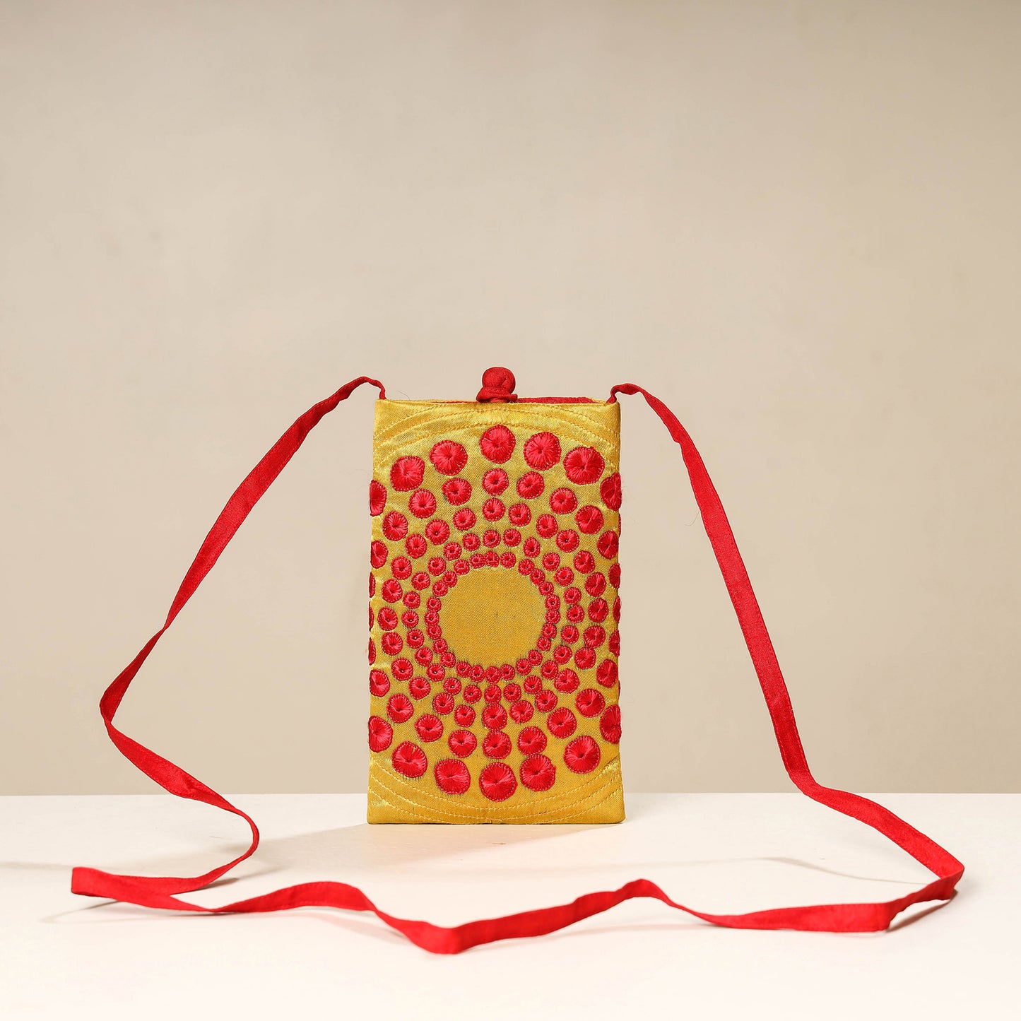 Yellow Kutch Tappo Embroidery Mashru Silk Mobile Sling Bag