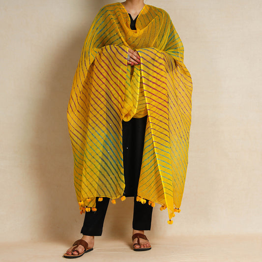 Yellow - Leheriya Tie-Dye Kota Doria Cotton Dupatta with Tassels