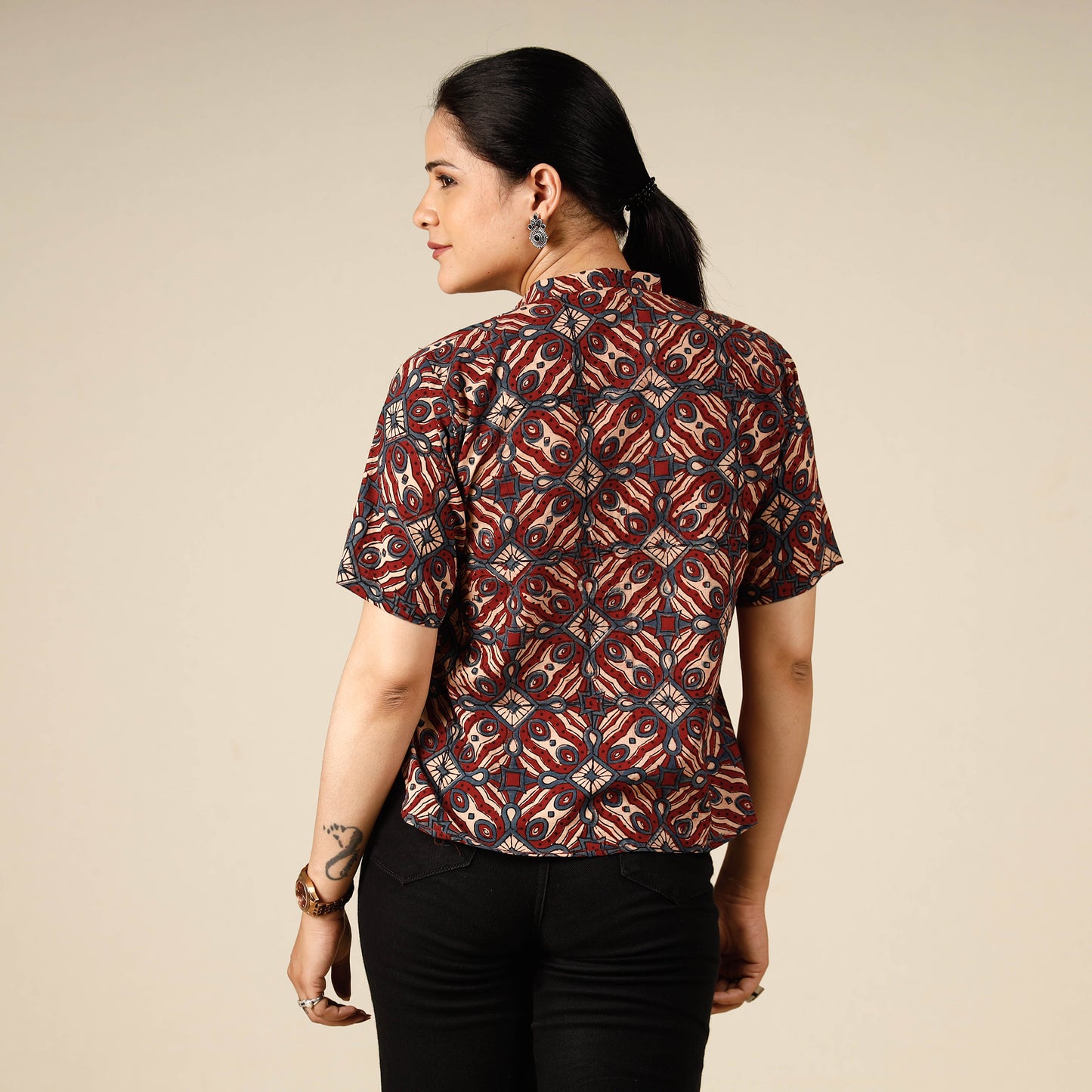 Multicolor - Red - Ajrakh Block Printed Half Sleeve Cotton Crop Top