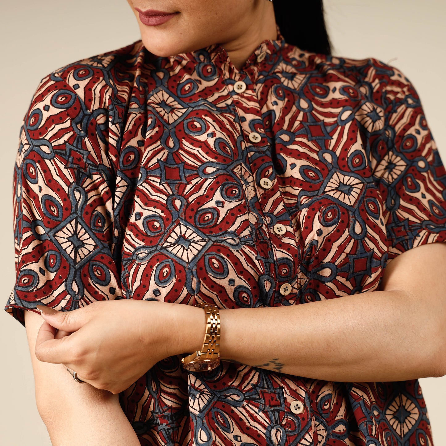 Multicolor - Red - Ajrakh Block Printed Half Sleeve Cotton Crop Top