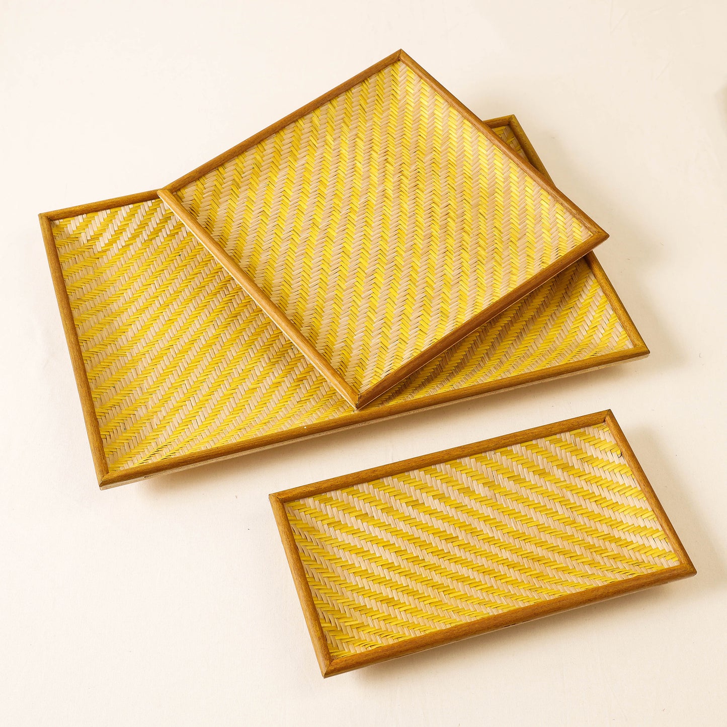 Kadam Haat Handmade Bamboo Cereal Yellow Tray (Set of 3)