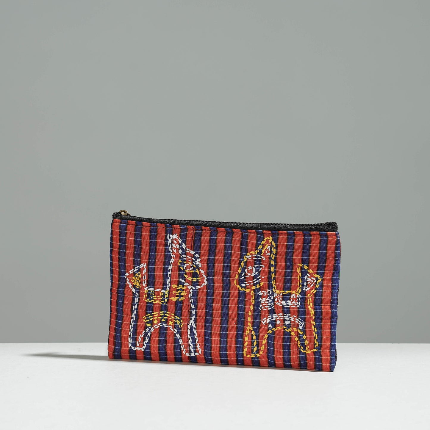 Multicolor Gamcha Fabric Hand Embroidered Jewelry Pouch