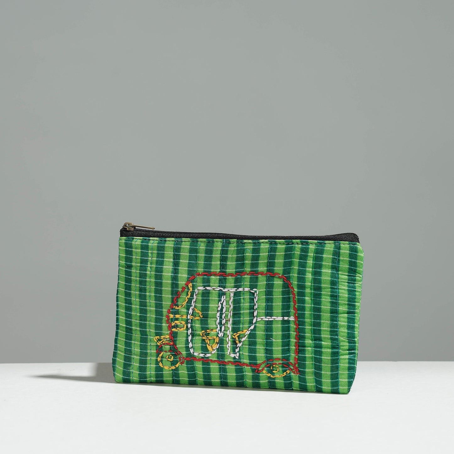 Green Gamcha Fabric Hand Embroidered Jewelry Pouch