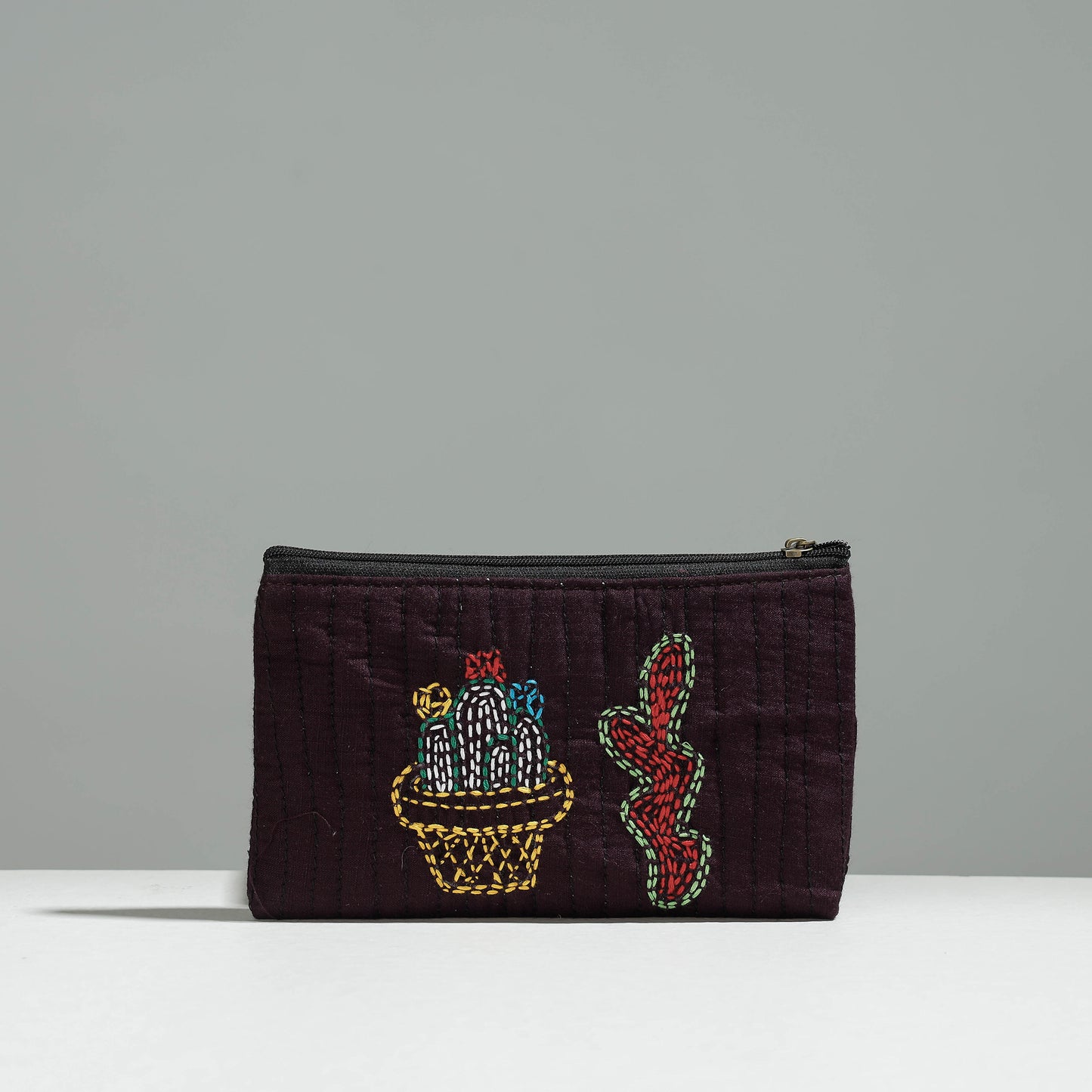Brown Gamcha Fabric Hand Embroidered Jewelry Pouch