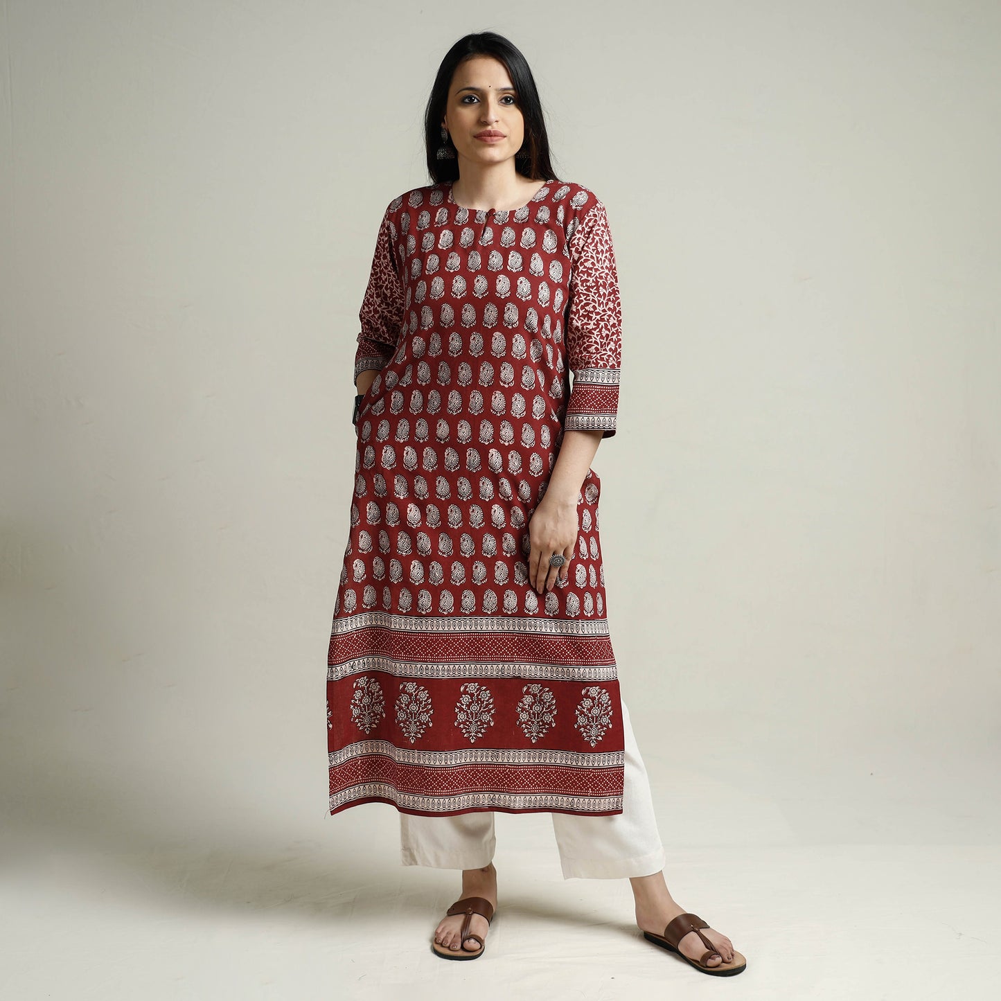 Red - Bagh Block Printed Cotton Long Straight Kurta