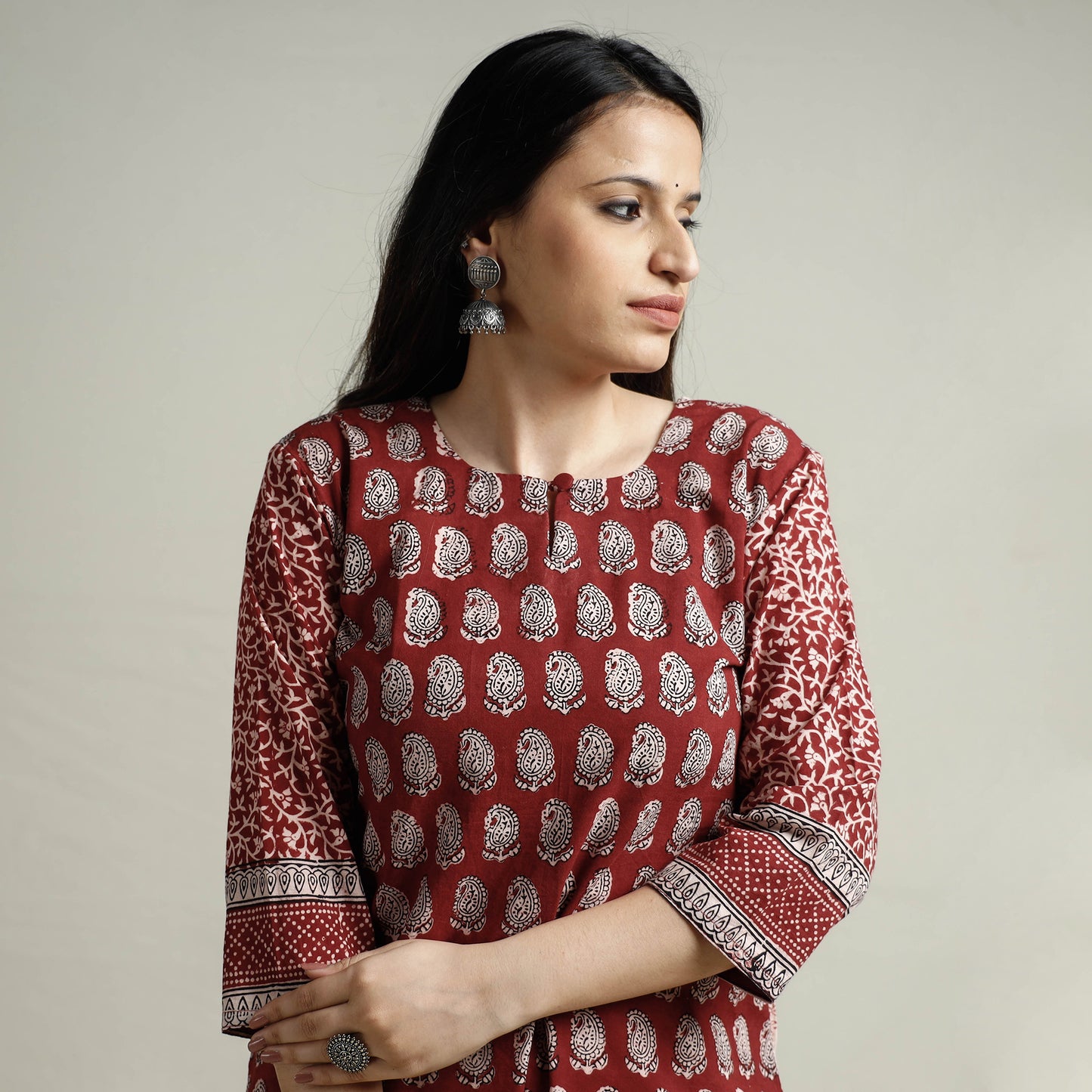 Red - Bagh Block Printed Cotton Long Straight Kurta