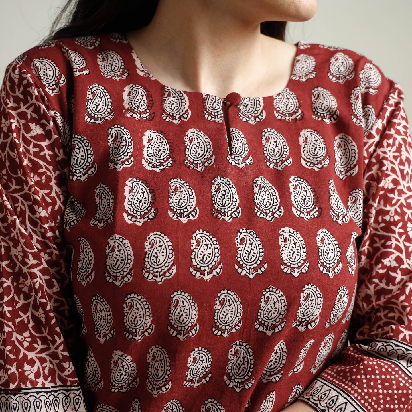 Red - Bagh Block Printed Cotton Long Straight Kurta