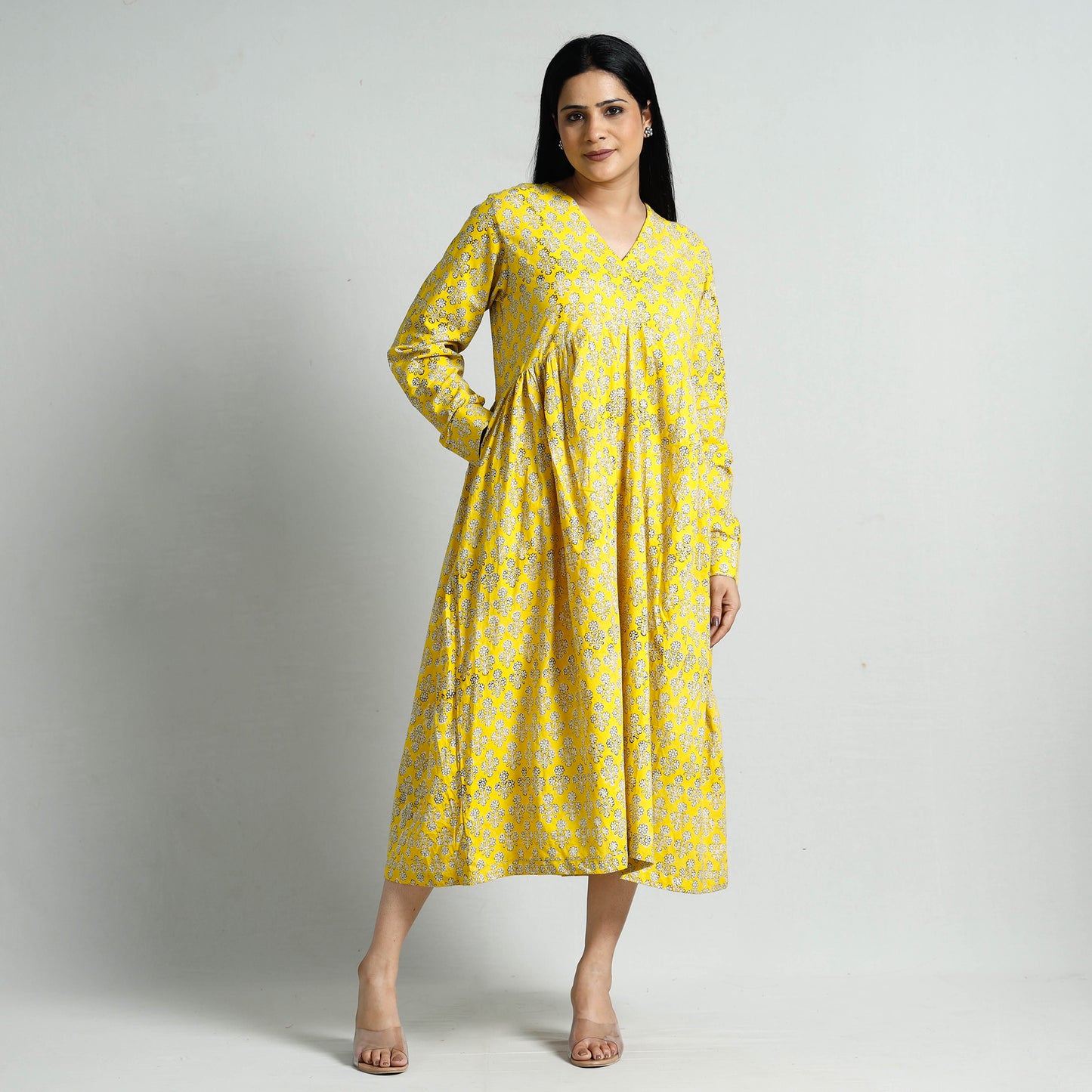Yellow - Bagru Block Printed Cotton Flared Dress