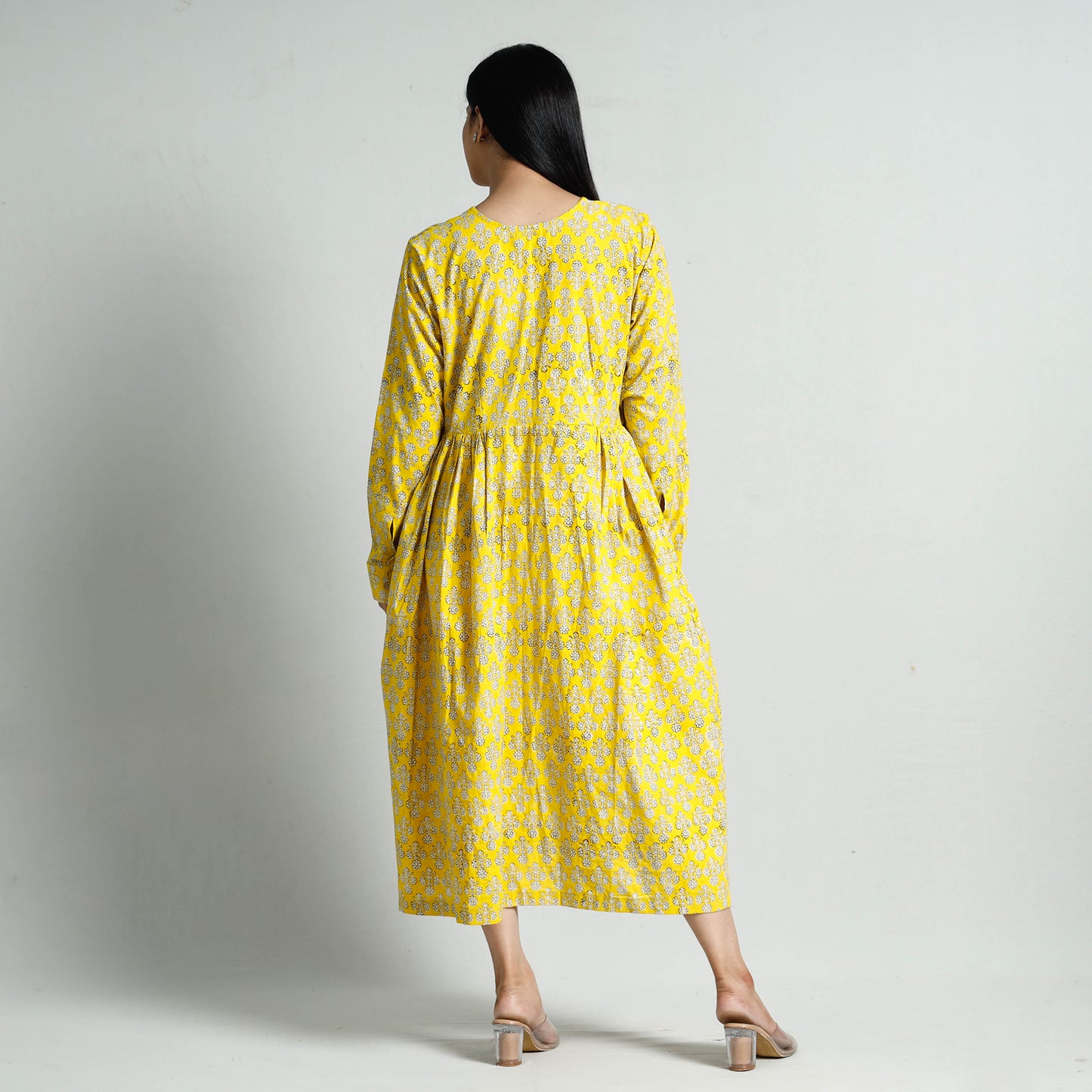 Yellow - Bagru Block Printed Cotton Flared Dress