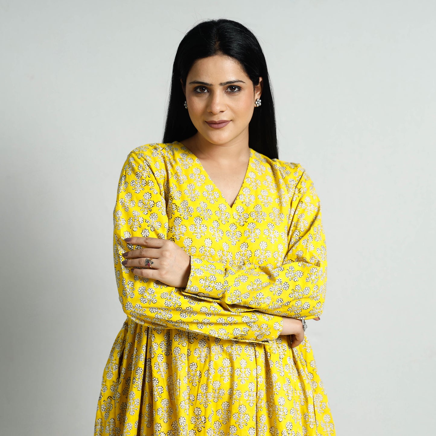 Yellow - Bagru Block Printed Cotton Flared Dress