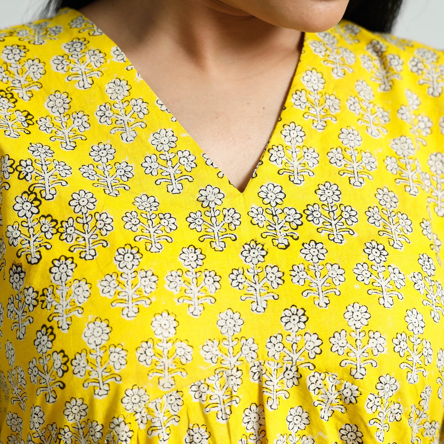 Yellow - Bagru Block Printed Cotton Flared Dress