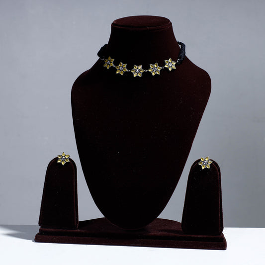 Antique Silver Finish Oxidised Brass Base Stone Work Necklace Set