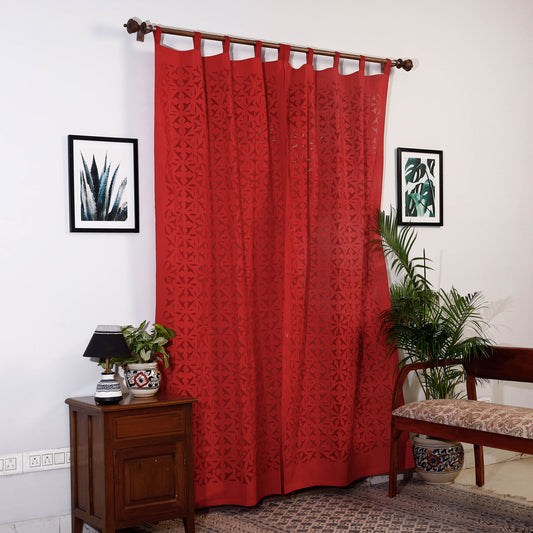 Red - Applique Flower Cutwork Cotton Door Curtain from Barmer (7 x 3.5 feet) (single piece)