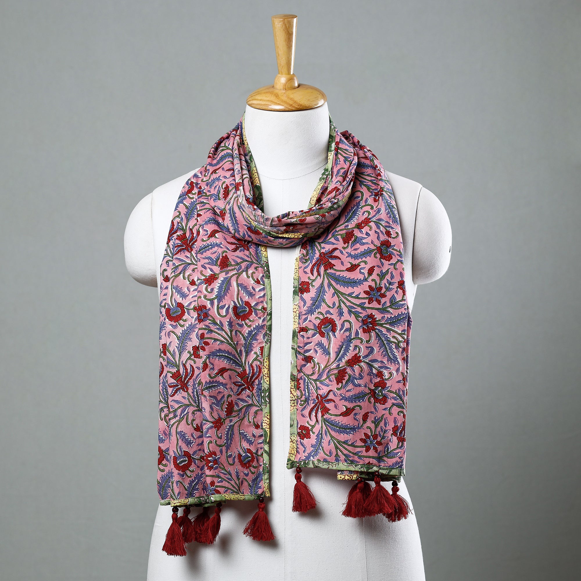 Peach - Block Print Cotton Sanganeri Stole with Tassels 09 main image 0