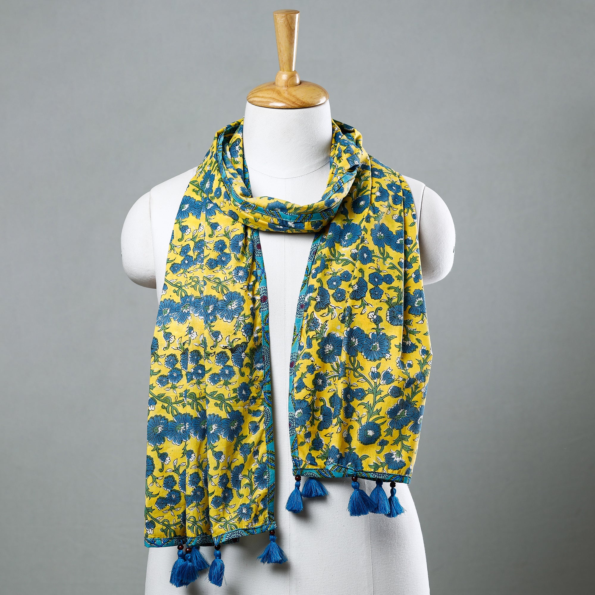 Blue - Sanganeri Block Printed Cotton Stole with Tassels