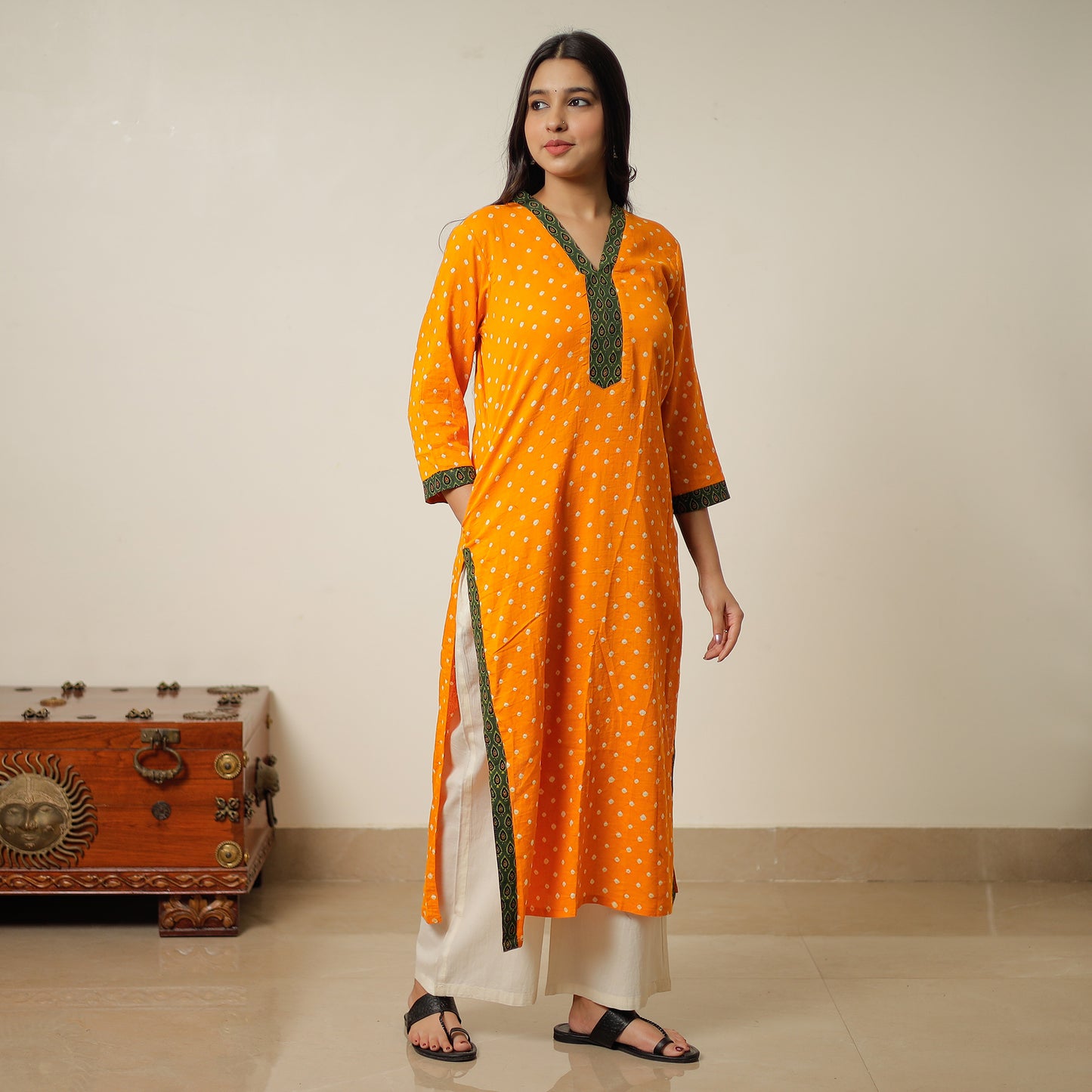 Orange - Bandhani Tie-dye Cotton Long Straight Kurta 05