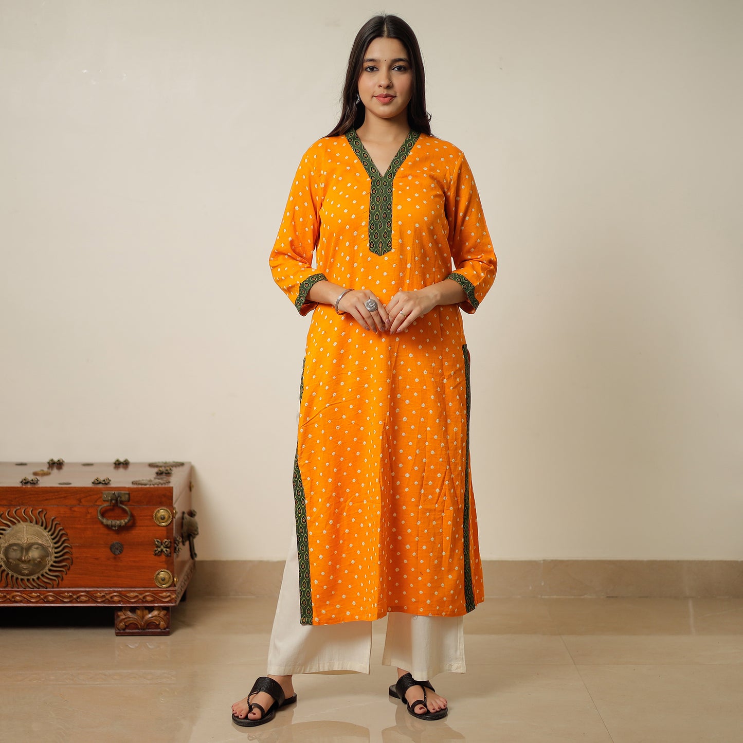 Orange - Bandhani Tie-dye Cotton Long Straight Kurta 05