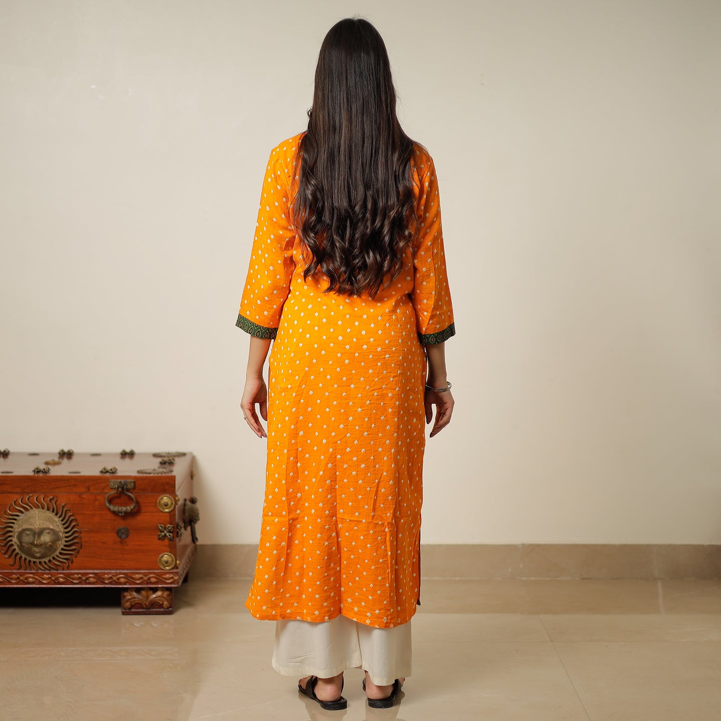 Orange - Bandhani Tie-dye Cotton Long Straight Kurta 05