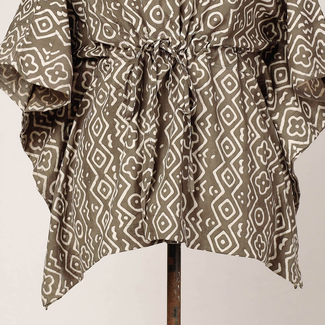 Brown - Pipad Block Printed Cotton Kaftan with Tie-Up Waist (Short)