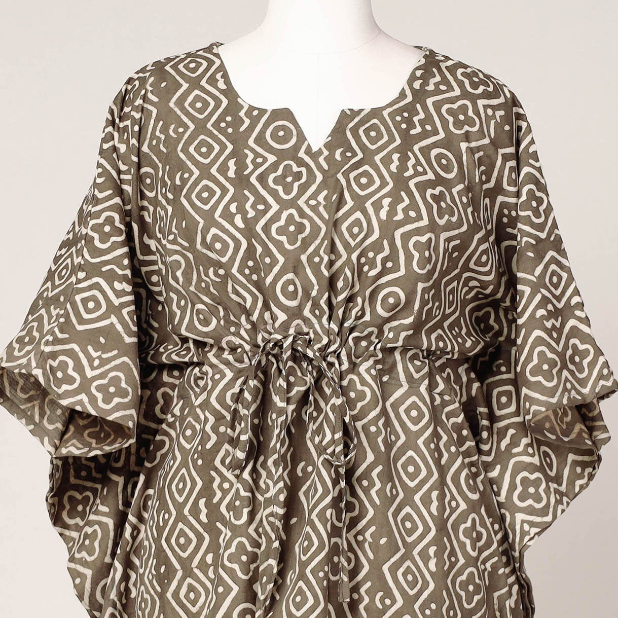 Brown - Pipad Block Printed Cotton Kaftan with Tie-Up Waist (Short)