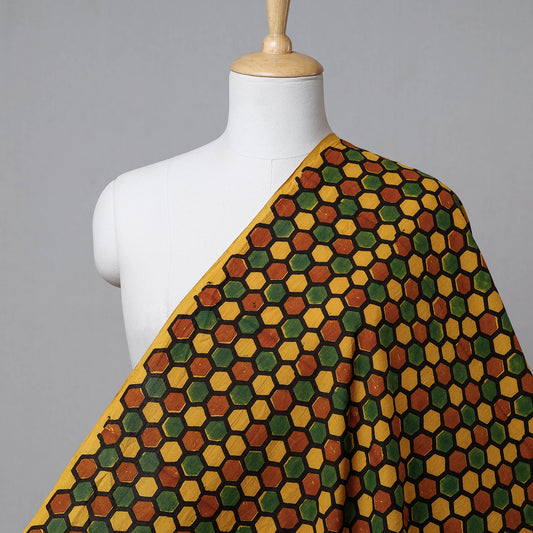 Multicolor - Multicoloured Hexagonal Structure Ajrakh Hand Block Printed Cotton Fabric