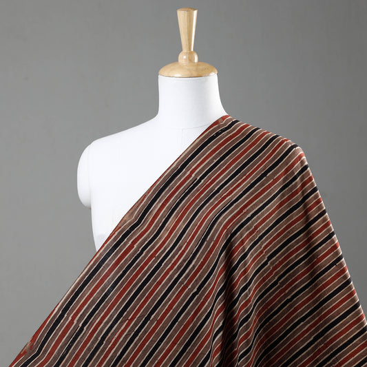 Multicolor - Brown With Dual Coloured Stripes Ajrakh Hand Block Printed Cotton Fabric