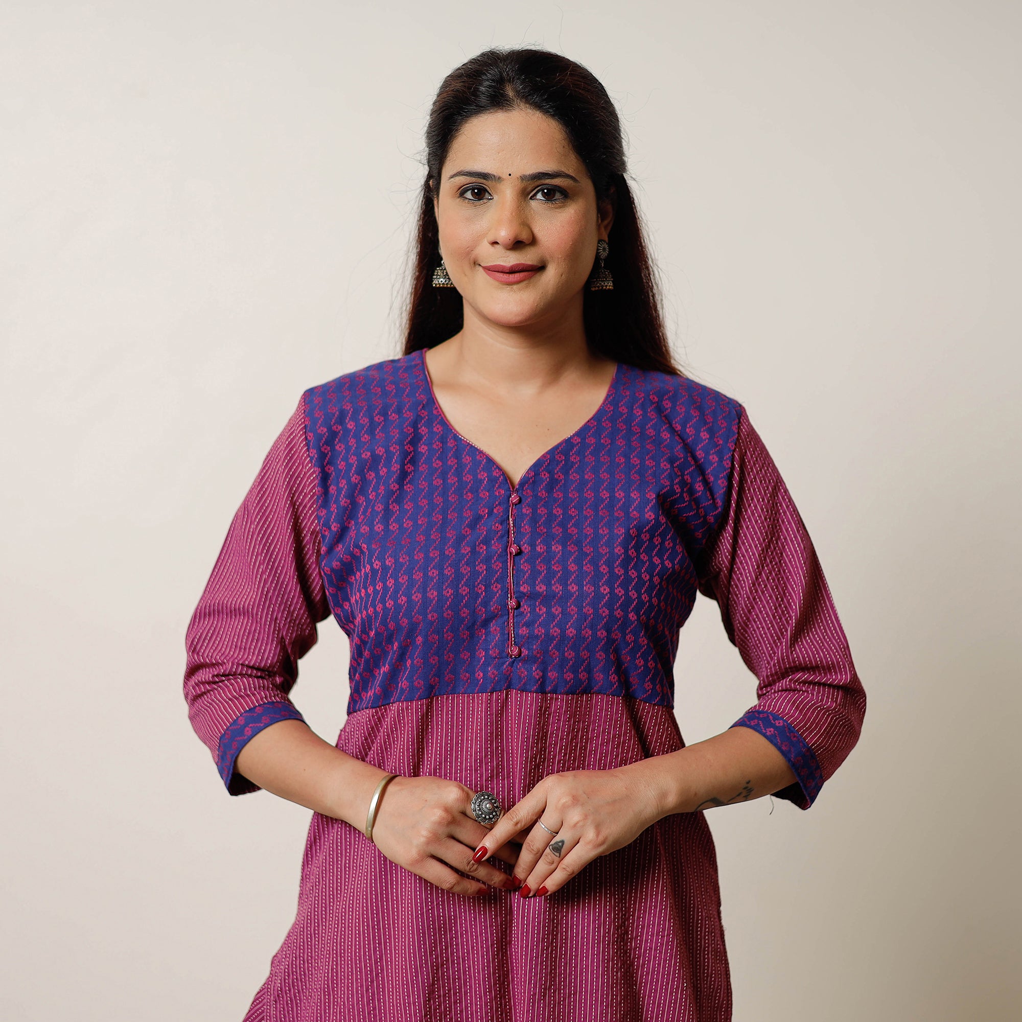 Purple - Running Stitch Cotton Straight Long Kurta with Jacquard Patchwork 14